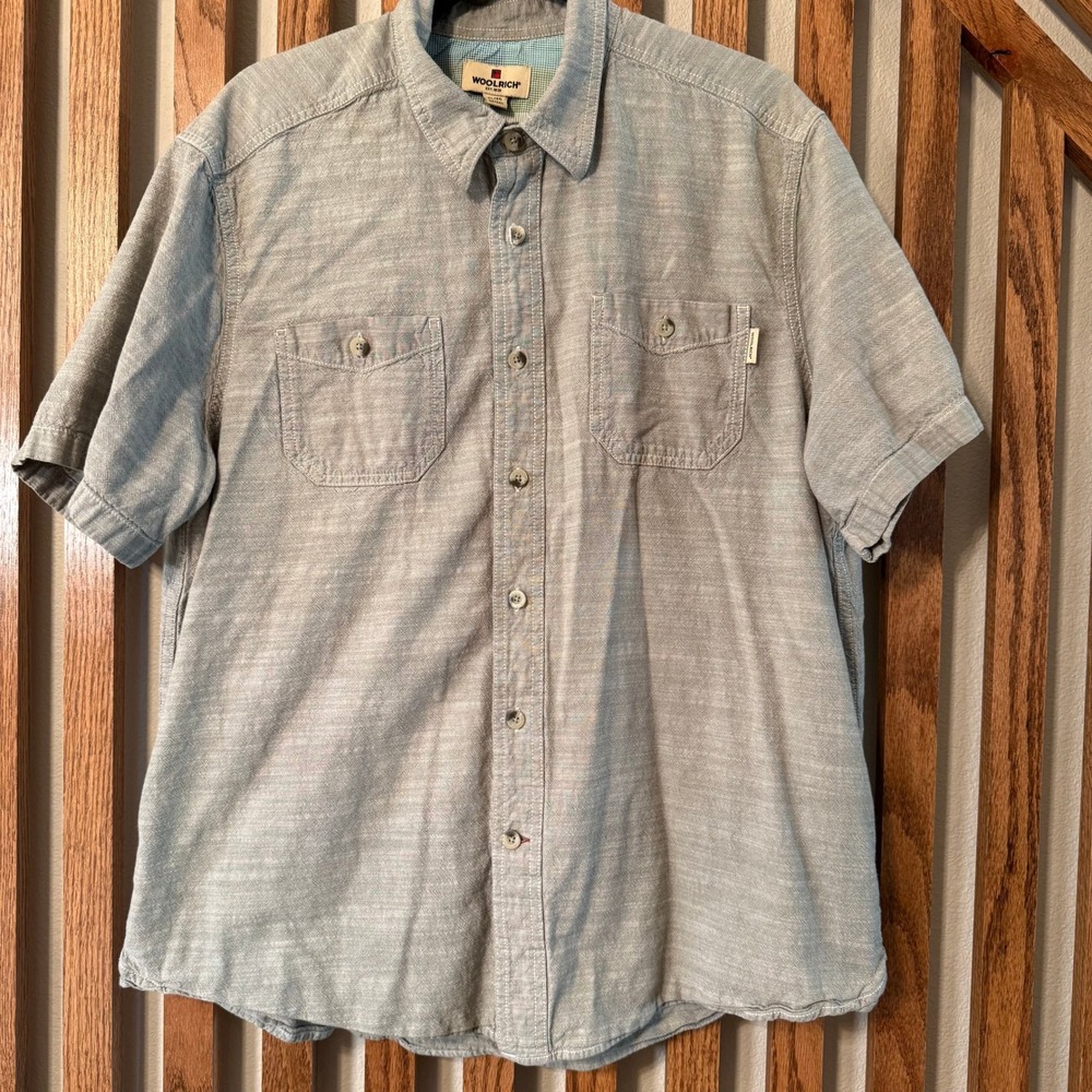 Gorpcore Workwear Woolrich Mens XL Gray Cotton Short Sleeve Button Up Shirt